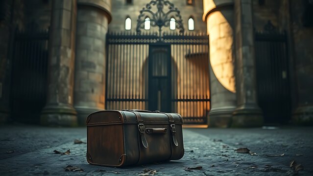An old leather suitcase left before a large closed gate, soft morning light.