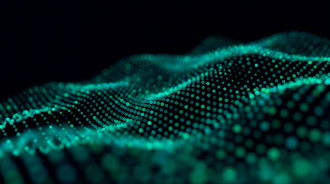 Abstract green glowing particle dot wave on dark festive Christmas holiday background