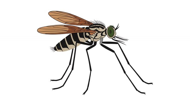 Detailed illustration of a robber fly insect with striped body and green eyes isolated on white background
