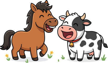 Obraz premium Adorable Horse and Cow Laughing Cartoon Vector Clipart