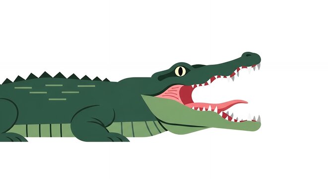 Angry Green Alligator Head with Big Open Mouth Showing Sharp Teeth Isolated on White Background Graphic Illustration