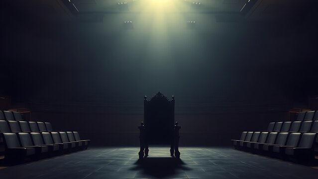 Empty courtroom with a central chair under a single beam of light.
