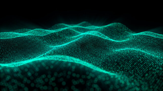 Abstract teal glowing particle dot wave on dark festive Christmas holiday background