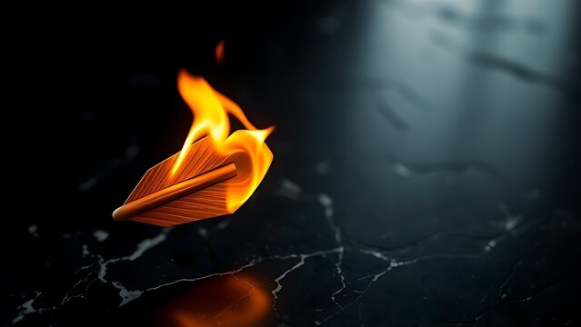 A burning arrow with a heart-shaped flame tip embedded in black marble.