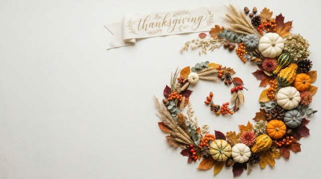 Festive thanksgiving wreath with pumpkins autumn leaves and wheat holiday decor
