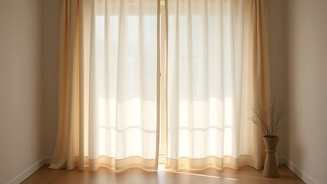 Simple elegant linen curtain dividing interior space from outside, minimal composition.