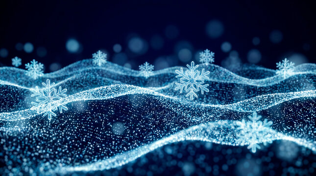Abstract blue glowing particle wave with snowflakes on dark festive Christmas background