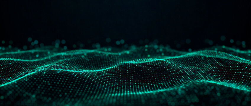 Abstract teal glowing particle dot wave on dark festive Christmas holiday background