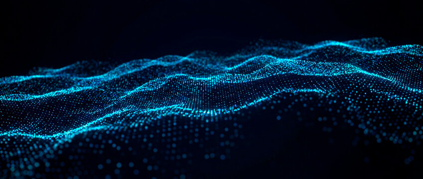 Abstract blue glowing particle dot wave on dark festive Christmas holiday background