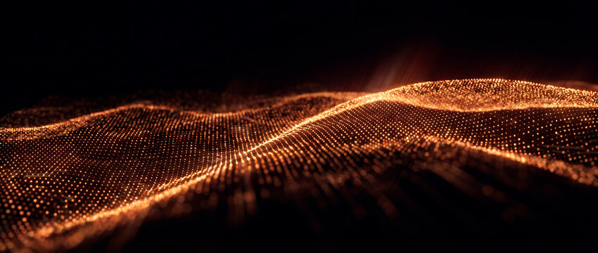 Abstract golden glowing particle dot wave on dark festive Christmas holiday background