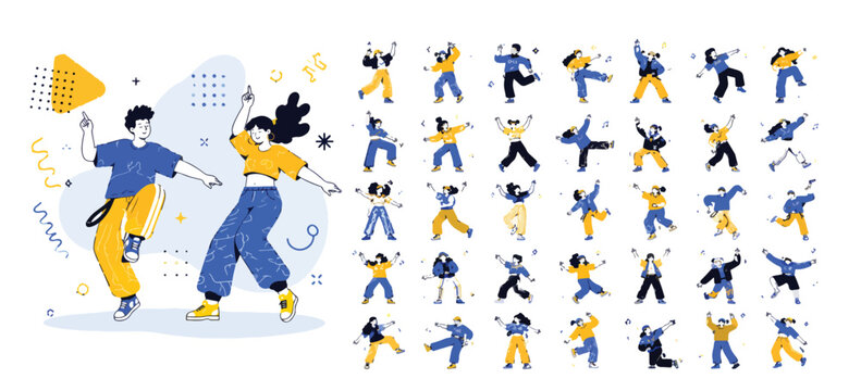 Modern flat vector set of 32 dancing people, active characters in dynamic poses, diverse dancers in blue and yellow outfits for web design