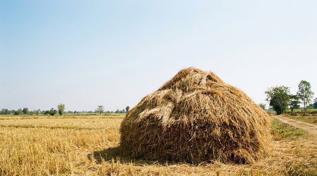 Harvested rice straw pile in golden agricultural field
