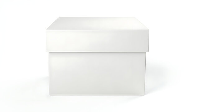 Blank white cardboard packaging box in front perspective view. Empty product shipping carton with clean design for branding and retail display.