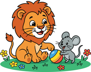 Obraz premium Lion and Mouse Playing Cartoon Vector Clipart