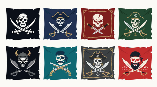 Cartoon pirate jolly roger waving flags isolated on white background