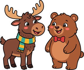 Fototapeta premium Moose and Bear Friends Cartoon Vector Clipart