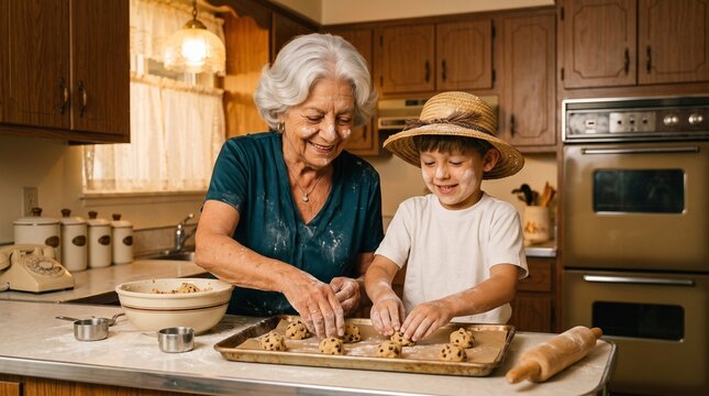 Grandmother and Grandson Baking Cookies Together in Kitchen