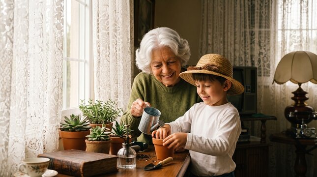 Grandmother and Grandchild Planting Flowers Together by Window