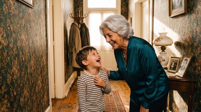 Grandmother and Grandson Laughing Together in Vintage Hallway