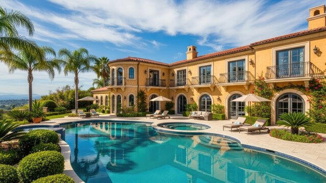 Mediterranean style luxury villa with large swimming pool.