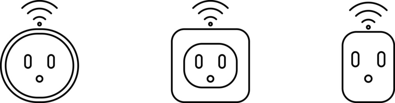 Smart plug icon set, round square and rectangular wireless smart home electric sockets with wi-fi signal wave symbols, remote control power outlet collection, simple thin black outline style design.