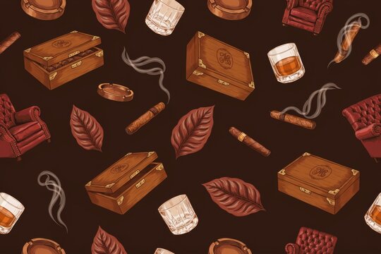 Seamless pattern featuring of wooden cigar boxes, lit cigars with smoke, whiskey glasses, and leather armchairs on a dark background