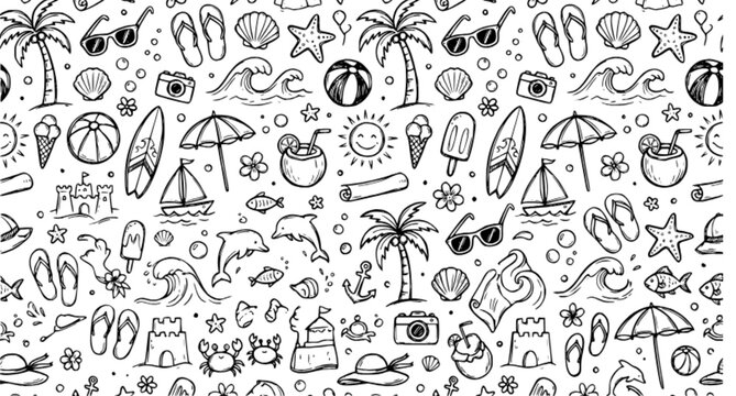 Seamless summer beach doodle pattern featuring hand drawn tropical elements including palm trees, sunglasses, flip flops, seashells, starfish, waves, beach ball, surfboard, umbrella, coconut drink, su