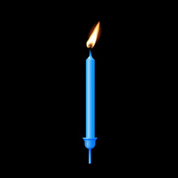 Blue birthday candle for cake. 3d birthday candle with glowing flame. Colorful party decoration element for happy celebration, card, invitation, banner, poster. Festive realistic vector illustration.