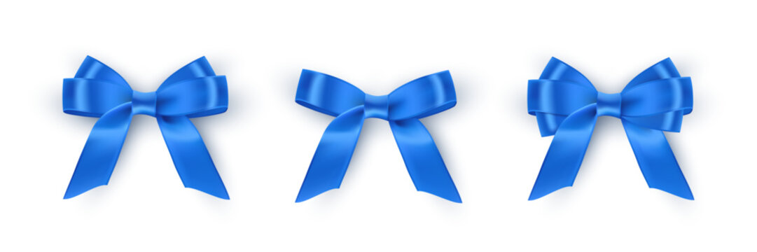 Blue bows with ribbons isolated on white background. Gift wrapping decoration elements. Present box decor. Festive realistic 3d vector illustrations set.