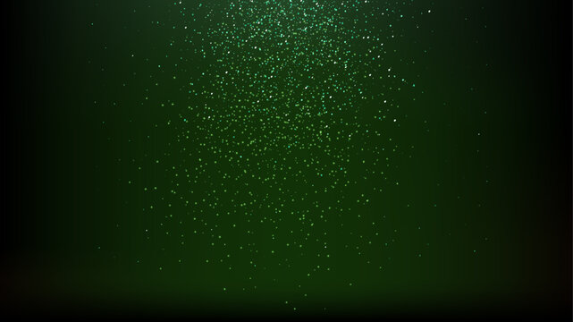 Green glitter confetti on black background. Glowing shiny color sequins falling from top. Festive vector illustration for luxury celebration, elegant event design, holiday decoration.