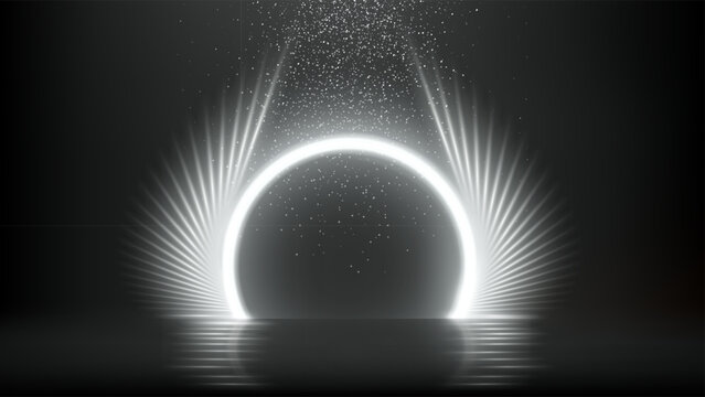 Silver white light arch. Neon shiny arc with radiant beams and falling sparkles above glossy reflection on dark background. Luxurious festive vector illustration.