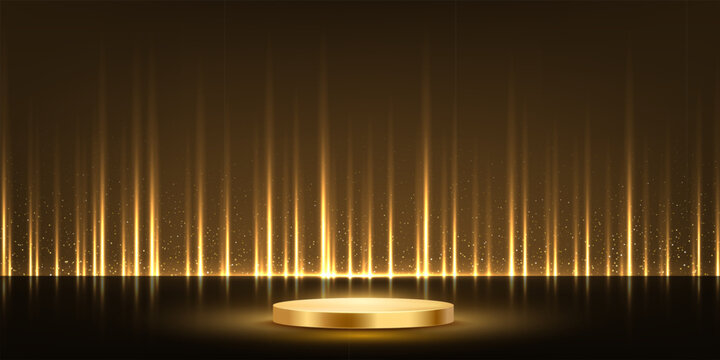 Golden award podium with curtain backdrop and sparkling light rays. Luxury elegant stage for winners, champions, and premium ceremony celebrations with silk drapes. Vector illustration.