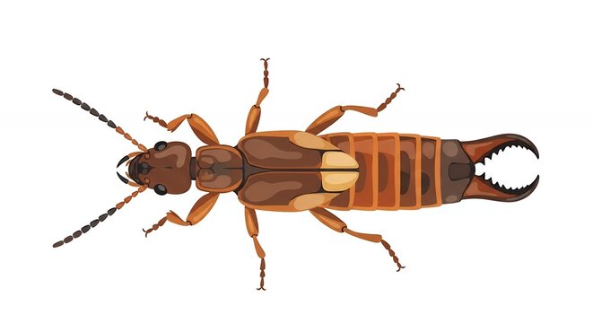 Detailed Earwig Insect Illustration Top View Showing Pincers and Antennae Isolated on White for Nature Design