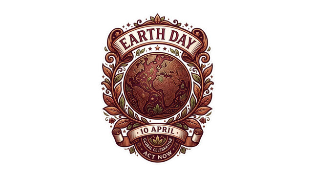 Vintage Earth Day emblem with globe and botanical leaves, retro 10 April environmental badge, ornate brown and copper world map illustration