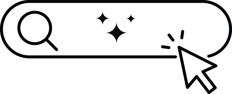 AI search bar icon showing professional artificial intelligence search engine input box magic spark generation mouse click cursor and tech navigation symbol