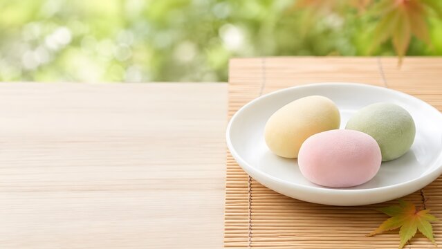 三色の州浜 白皿に盛った初秋の和菓子静物写真