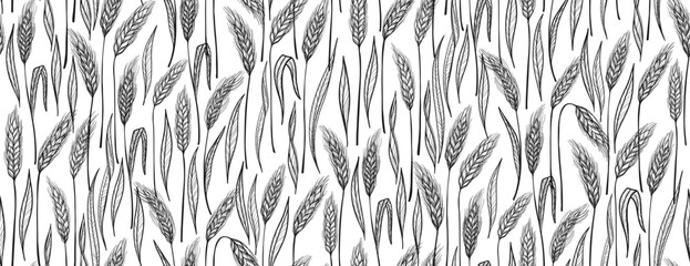 Wheat ear background seamless pattern. Cereal grain spikelet stalk for bakery bread beer packaging design endless boundless background. Agriculture harvest farm Vector template wrapper backdrop © neliakott