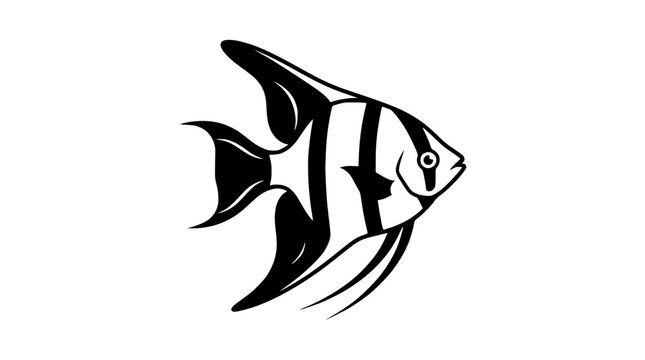Black and white angelfish illustration, minimalist vector art, isolated on white background