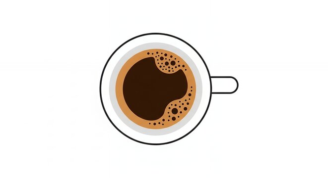 Overhead Flat Lay Illustration of a Round White Coffee Mug with Rich Dark Espresso and Brown Foam