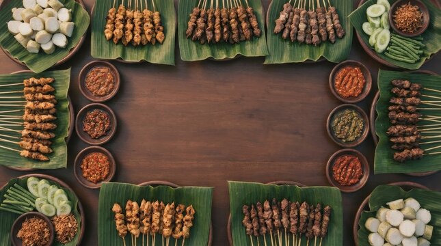 Indonesian satay feast flat lay with copy space