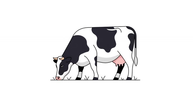 Minimalist Flat Design of a Spotted Holstein Cow Eating Grass in a Pasture for Farm and Dairy Industry Themes