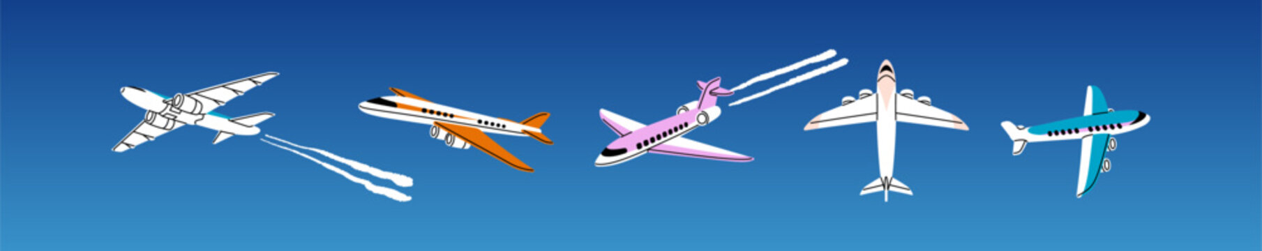 Set of aircrafts with tracks in the sky. Airplanes fly in the air. Modern passenger planes with smoke trace. Flying aeroplanes. Airliners for summer travels. Flat isolated vector illustrations