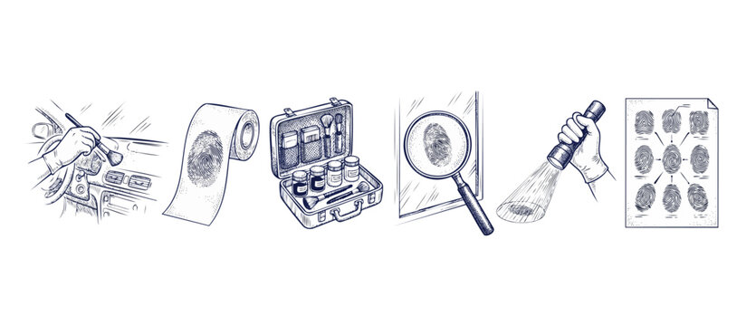 Forensic fingerprint investigation icons set in sketch style, showing crime scene analysis tools including magnifying glass, brush dusting, flashlight, lift tape, and forensic file database.