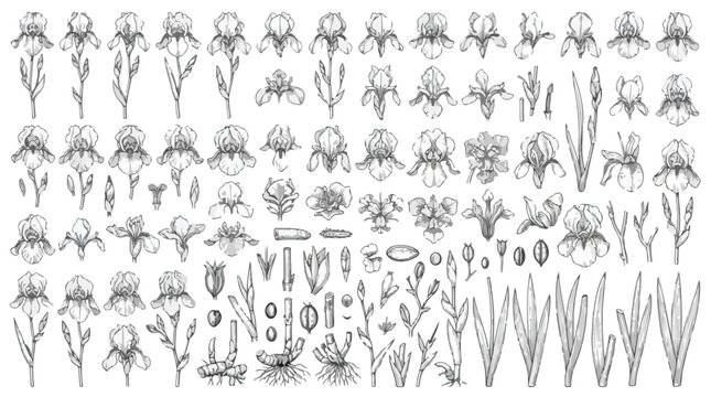 Vintage iris flower line art collection, botanical sketch of floral elements and garden blooms, hand drawn black and white iris vector set