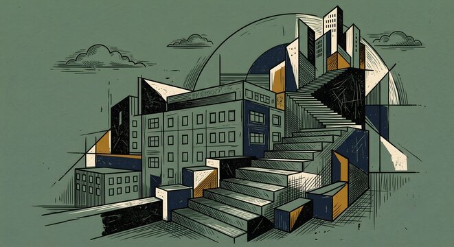 Premium artistic etching print style business building and staircase template on sage green