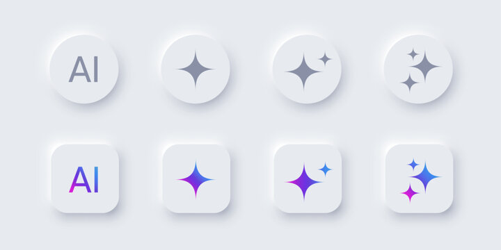 AI buttons with sparkle icon for intelligent interface design. Modern artificial intelligence element featuring elegant neumorphic style and creative tech symbol. Realistic vector illustration