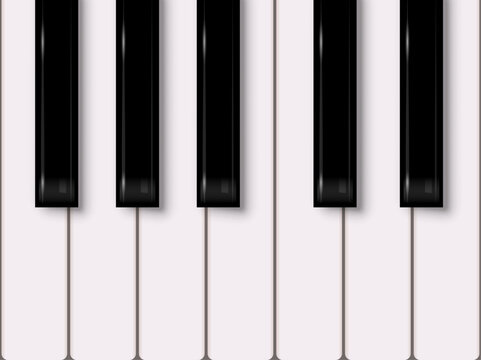 Piano keys. Piano keyboard in black and white with glossy surfaces background. Vertical music instrument keyboard with soft shadows. Minimal realistic vector illustration