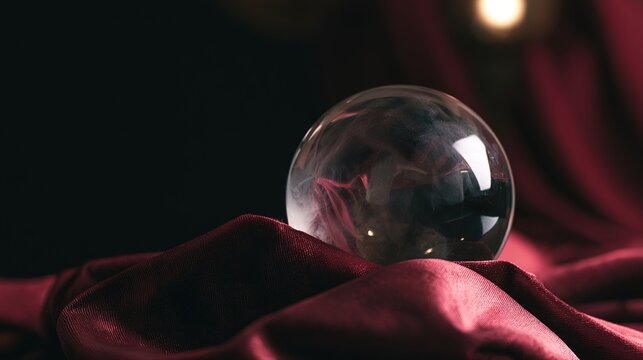 anxious. A crystal ball on velvet cloth, foggy surface reflecting a distorted, anxious silhouette. wellbeing guides, coaching materials, designed for coaching and self-improvement content.