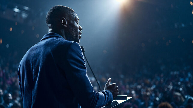 Male Speaker Addressing Large Audience at Conference