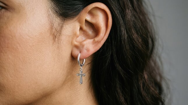 Silver cross hoop earrings on woman's ear detailed studio shot